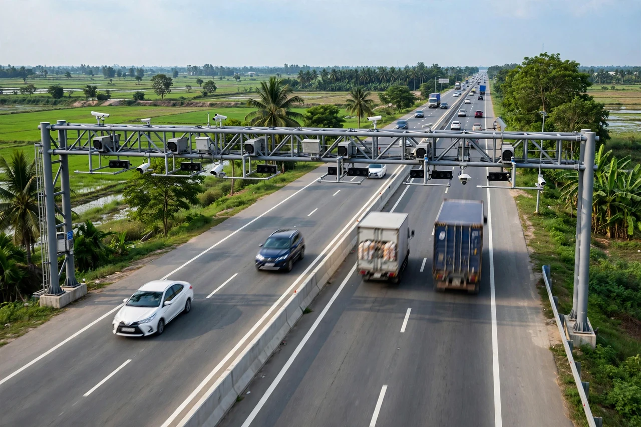 Trạm thu phí ETC không dừng trên cao tốc Bến Lức – Long Thành, xe cộ lưu thông qua cổng giá long môn