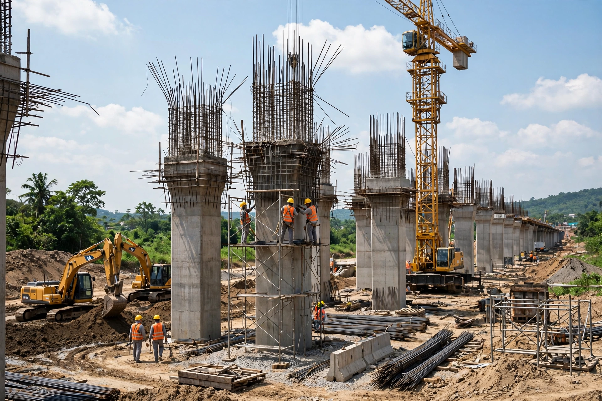 Trụ cầu vượt trên công trường cao tốc TP.HCM – Mộc Bài đang thi công, công nhân và cần cẩu tháp