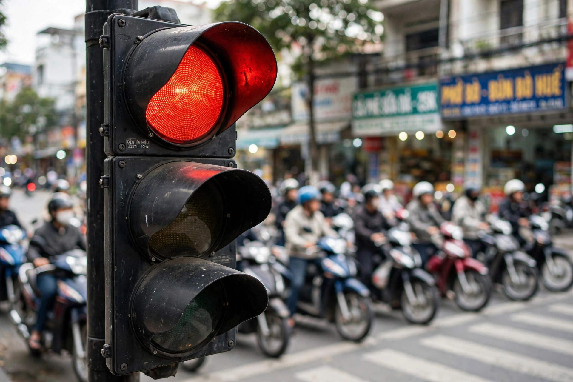 Đèn đỏ tại ngã tư, các phương tiện dừng chờ