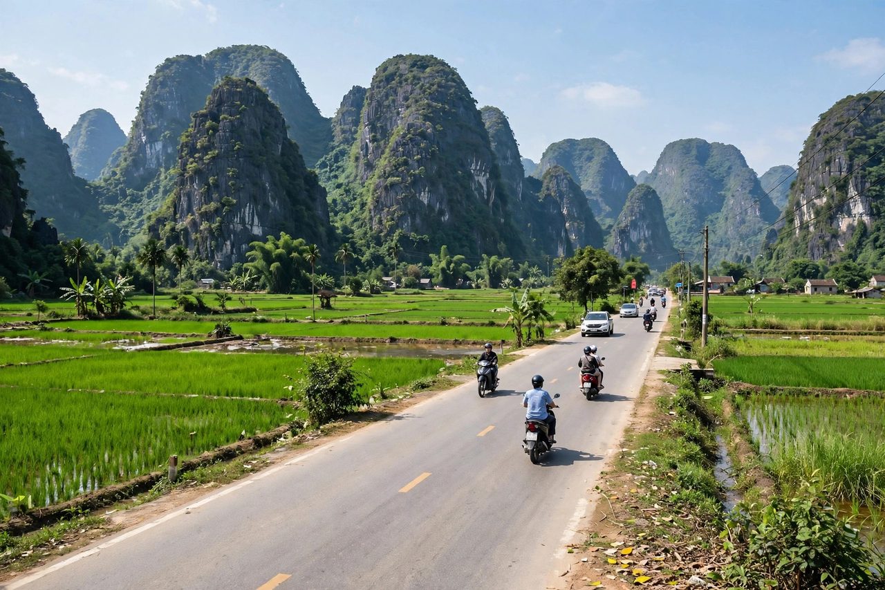 Tuyến đường ở Ninh Bình với núi đá vôi phía xa