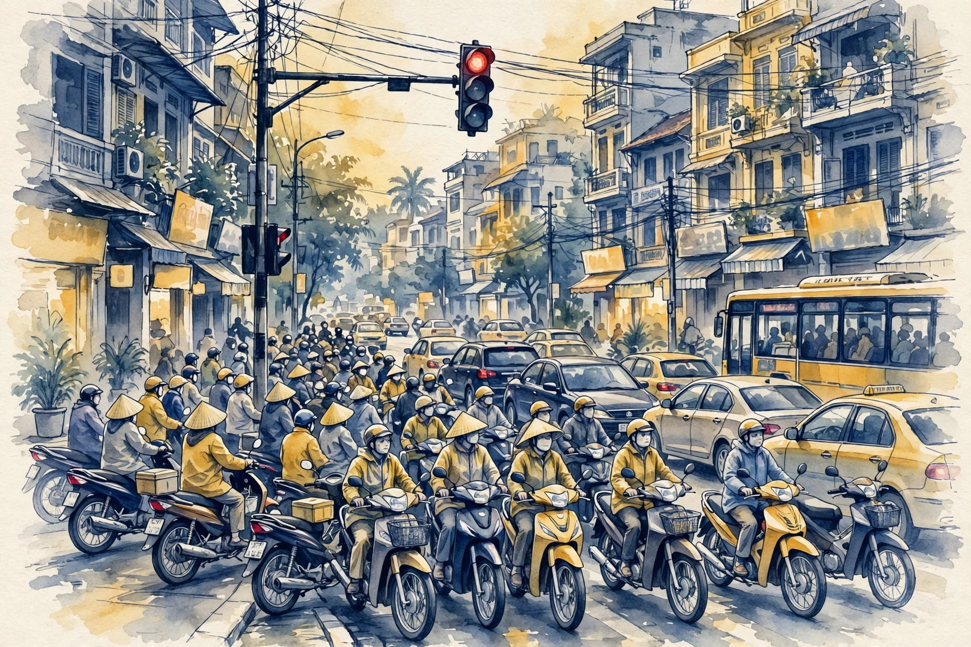 Minh họa ngã tư đô thị Việt Nam với đèn tín hiệu đỏ